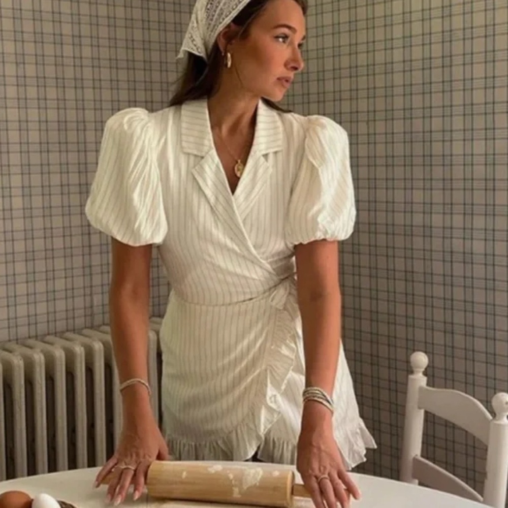 WWW (We wore what) Elegant White & Blue pin stripe Wrap Dress